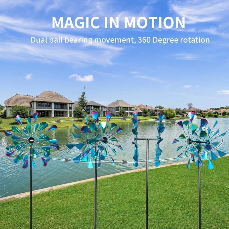 DECOROCA Kinetic Wind Spinners Outdoor - Large Metal Wind Sculptures & Spinners Yard Patio Lawn Garden Decorations, Windmill Clearance with Stable Metal Stake(Peacock-Blue) - Image 4